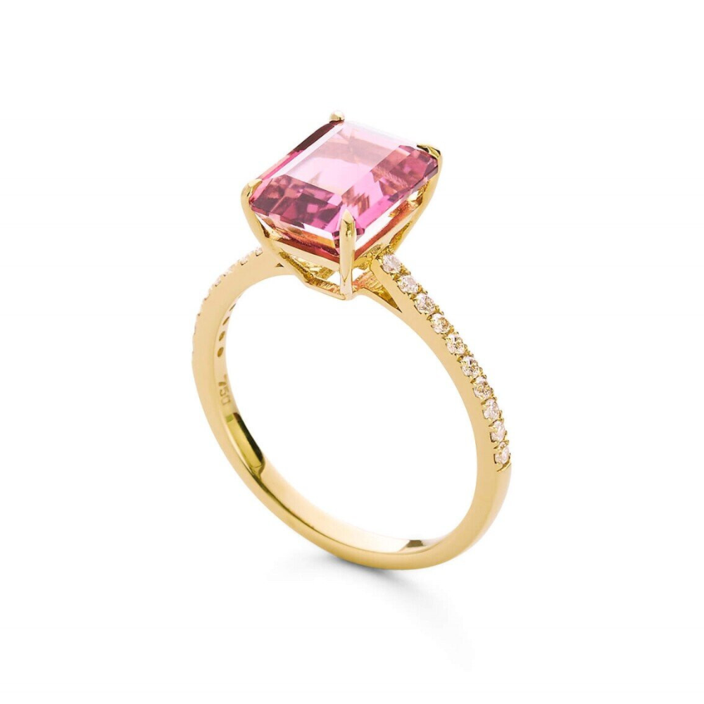 INGLESSIS COLLECTION 1890® - ΔΑΧΤΥΛΙΔΙ K18 ΚΙΤΡΙΝΟΣ ΧΡΥΣΟΣ ΜΕ ΡΟΖ ΤΟΥΡΜΑΛΙΝΗ & ΜΠΡΙΓΙΑΝ