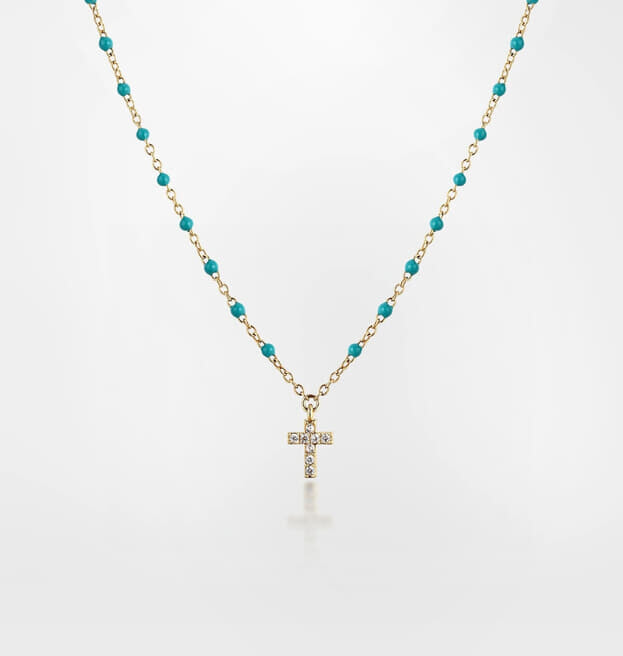 CHIARA FERRAGNI Steel Necklace Gold with Turquoise & Cross with Zirconia