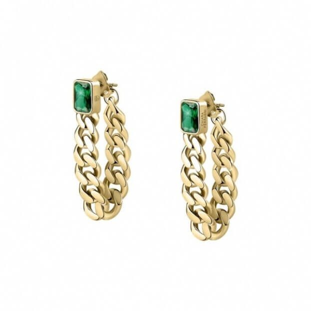 CHIARA FERRAGNI BOSSY Earrings CHAIN Gold metal green crystal