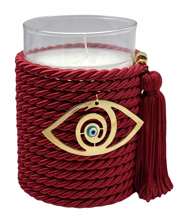 Decorative Handmade Scented Candle with Metal Motif & Red Tassel