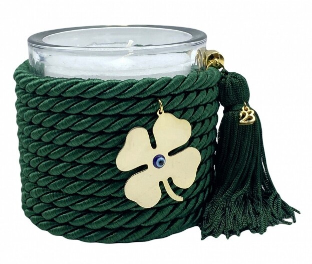 Decorative Handmade Scented Candle with Metal Motif & Green Tassel