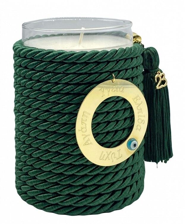 Decorative Handmade Scented Candle with Metal Motif & green Tassel