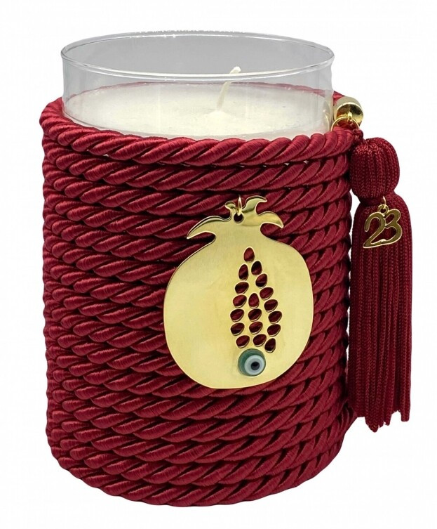 Decorative Handmade Scented Candle with Metal Motif & Red Tassel