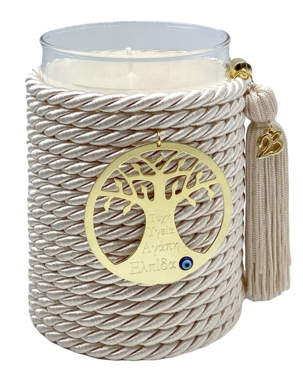 Decorative Handmade Scented Candle with Metal Motif & Ivory Tassel