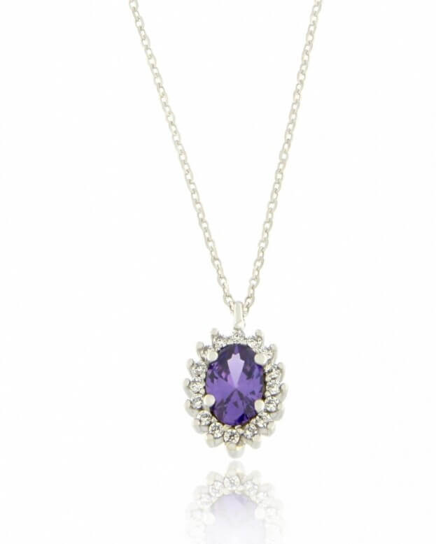 FACADORO Necklace White Gold K14 with Zircon And Purple Stone