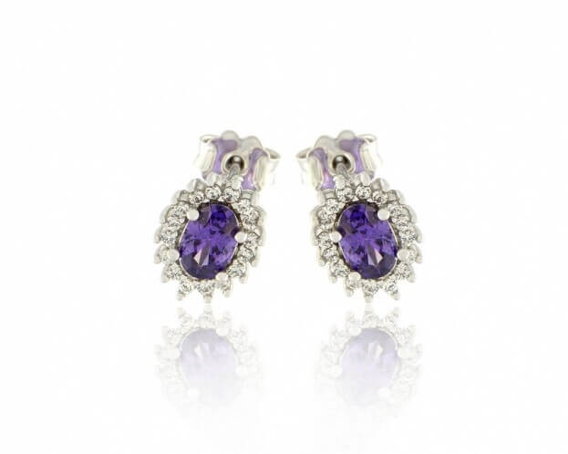 FACADORO Earrings White Gold K14 with Zircon And Purple Stone