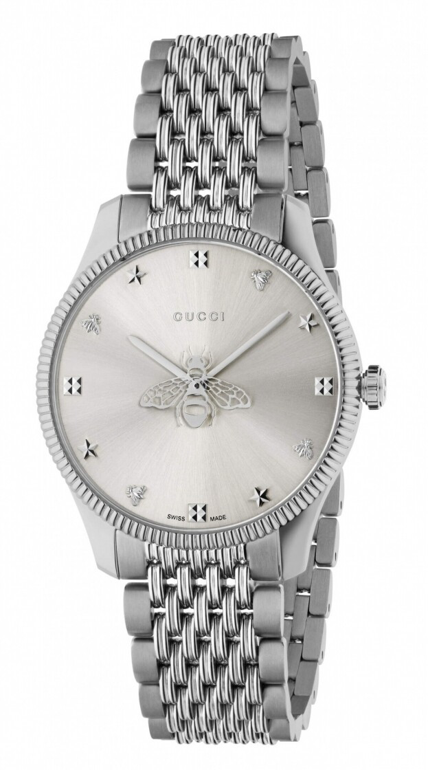 GUCCI G-TIMELESS SLIM QUARTZ 36MM  silver sunbrushed dial with bee as seconds hand