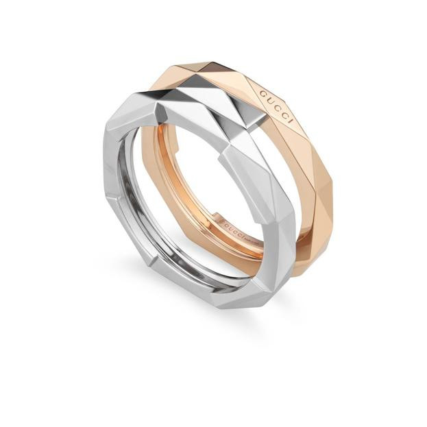 Gucci Link to Love 18k Rose and White Gold Geometric Studded Double Ring