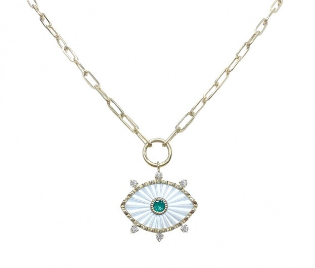Inglessis Collection 1890® - Gold Necklace Eye K18 Yellow Gold in Mother of Pearl, Diamonds & Emerald