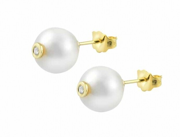 Inglessis Collection 1890®  Χρυσά Σκουλαρίκια Κ14 Kίτρινος Χρυσός με Μαργαριτάρι και Διαμάντια