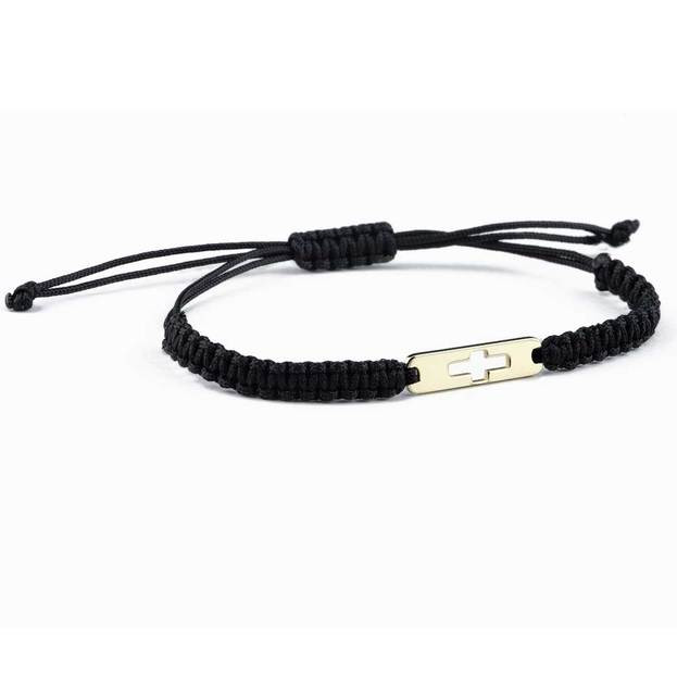 Inglessis Collection Βραχιόλι Κίτρινο Χρυσό Κ14 με σχέδιο σταυρό σε Κορδόνι