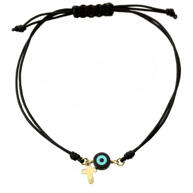 Inglessis Collection Goldie Cord Bracelet Yellow Gold K14 Cross & Evil Eye