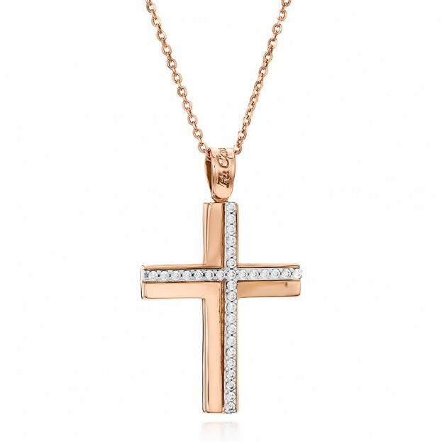 Inglessis Collection Tradition Gold Cross Necklace K14 Rose Gold with zirconia