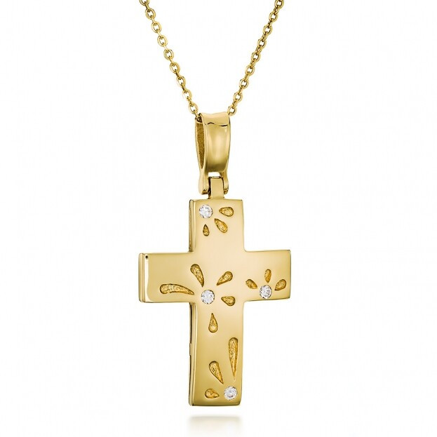 Inglessis Collection Tradition Gold Cross Necklace K14 Yellow Gold shiny with zircon