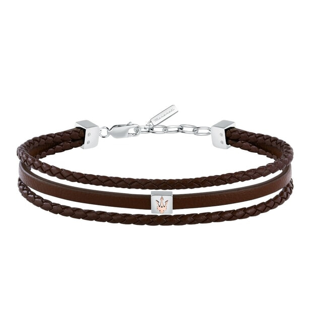 MASERATI Βραχιόλι Δερμάτινο Τριπλό Καφέ με Ροζ Χρυσό Λογότυπο