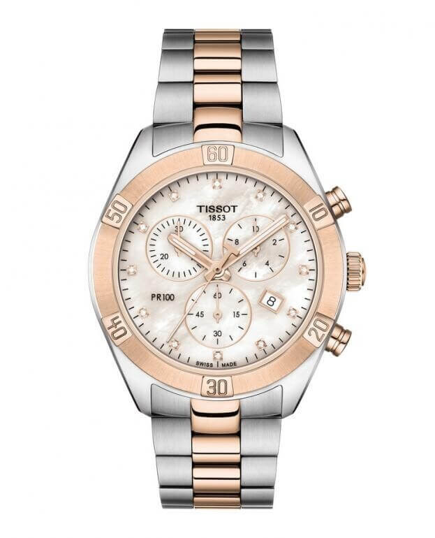 TISSOT PR 100 Sport Chic Quartz Lady 38mm Chronograph White Dial Diamonds